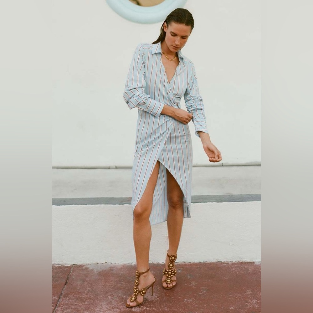 NWT $498 Veronica Beard Afton Wrap-Effect Shirt Dress In Light Blue
